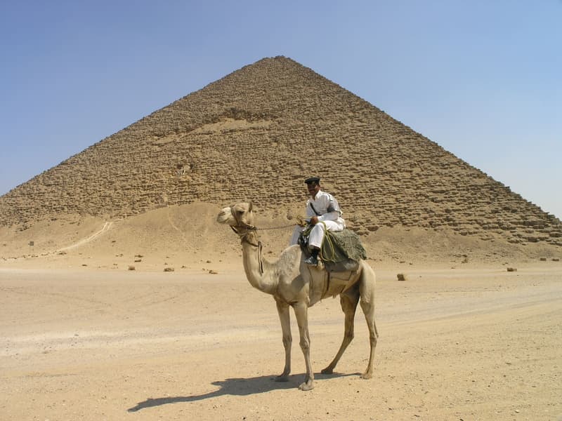 Tourist police officer on a camel in front of the Red Pyramid