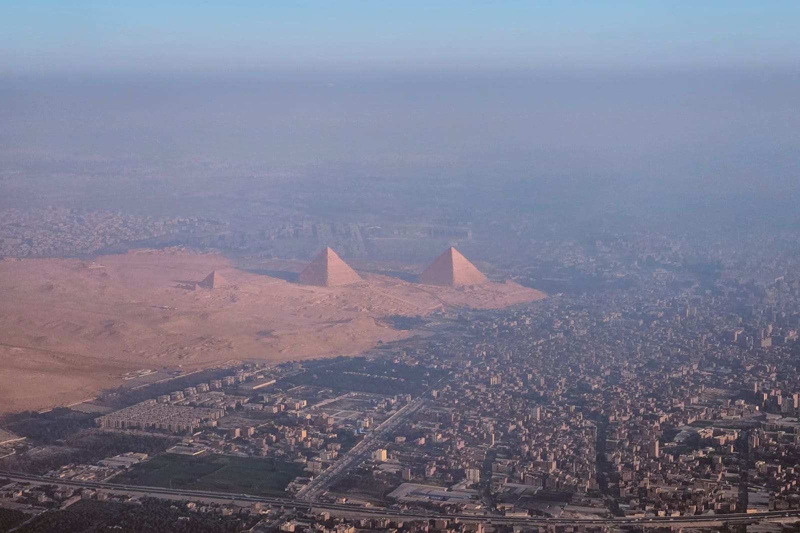 Aerial view of the Giza pyramids at the edge of Cairo